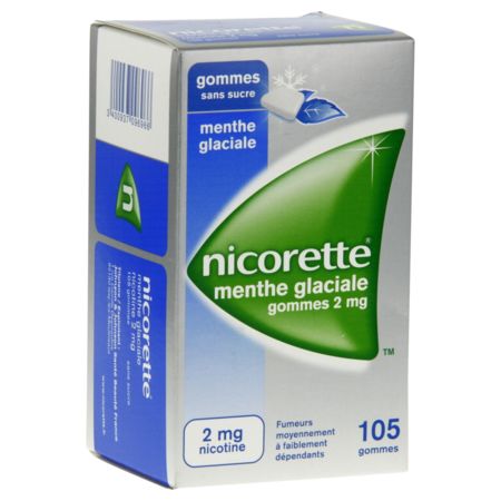 Nicorette menthe glaciale 2 mg sans sucre, 105 gommes à mâcher