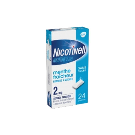 Nicotinell menthe fraîcheur sans sucre 2 mg, boîte de 24 gommes à mâcher médicamenteuses