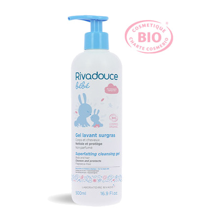 Rivadouce Gel Lavant Surgras Bébé Bio Non Parfumé, Flacon-Pompe 500 ml