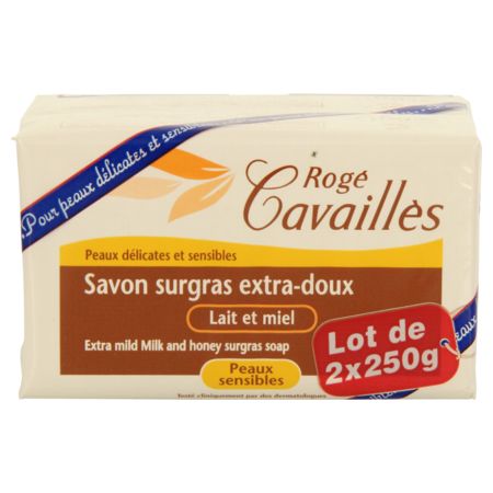 Rogé cavaillès savons solides - savon surgras extra doux lait et miel 2x250g