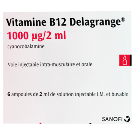 Sanofi Vitamine B12 Delagrange 1000 microgrammes/2 ml, 6 ampoules de 2 ml de solution injectable I.M et buvable