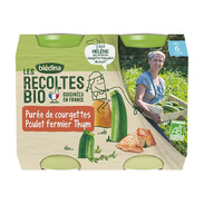 Blédina Les Récoltes Bio Petit Pot Bébé Purée de Courgettes Poulet Thym dès 6 mois, 2 x 200g