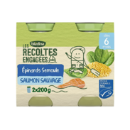 Blédina Récoltes Bio Epinards Semoule Saumon, 2 x 200 gr