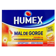 Humex Lidocaîne 2mg Mal de Gorge sans Sucres Goût Miel, 24 Pastilles