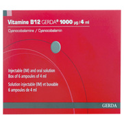 Vitamine B12 Gerda 1000 microgrammes/4 ml, 6 ampoules de 4 ml solution injectable (IM) et buvable