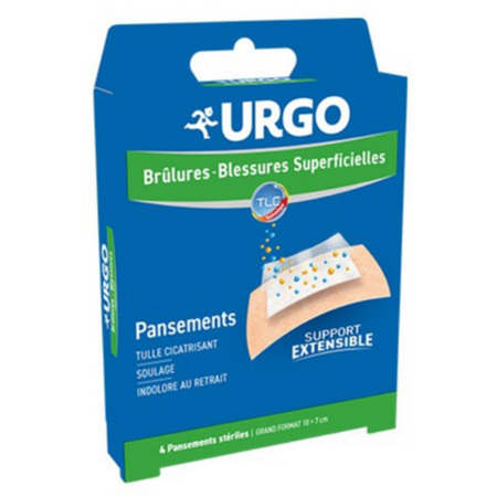 Urgo Brûlures & Blessures Superficielles Grand Format 10 x 7 Cm, 4 Pansements Stériles