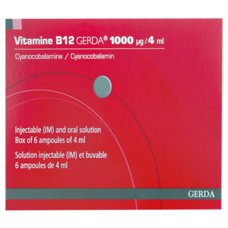 Vitamine B12 Gerda 1000 microgrammes/4 ml, 6 ampoules de 4 ml solution injectable (IM) et buvable