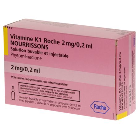Vitamine k1 roche 2 mg/0,2 ml nourrissons, 5 ampoules de solution buvable et injectable + 5 pipettes